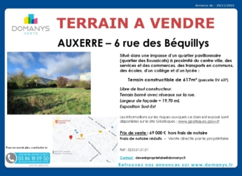Terrain &agrave; b&acirc;tir de 617 m² &agrave; Auxerre / Quartier des Boussicats - frais de notaire r&eacute;duits !
